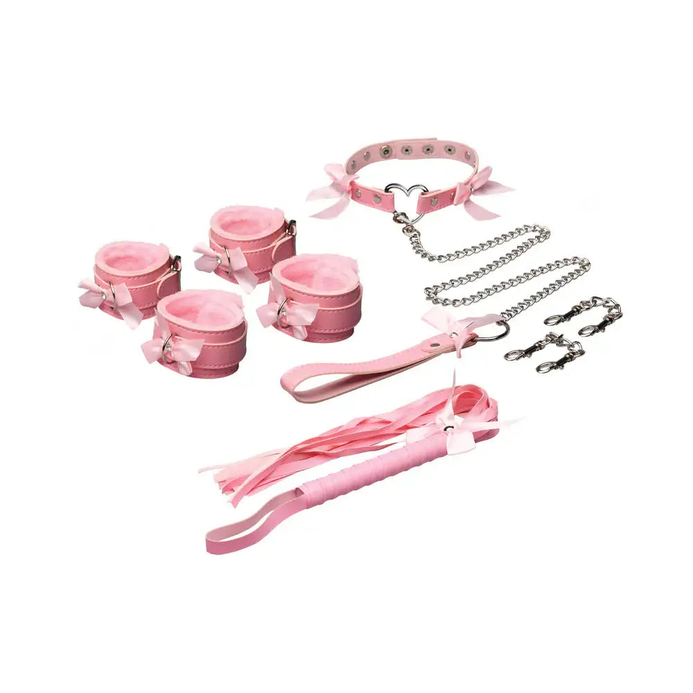 XR Brands® Master Series® Kawaii Bondage Set - Pink Vegan Leather Restraint Kit with Collar Cuffs & Flogger