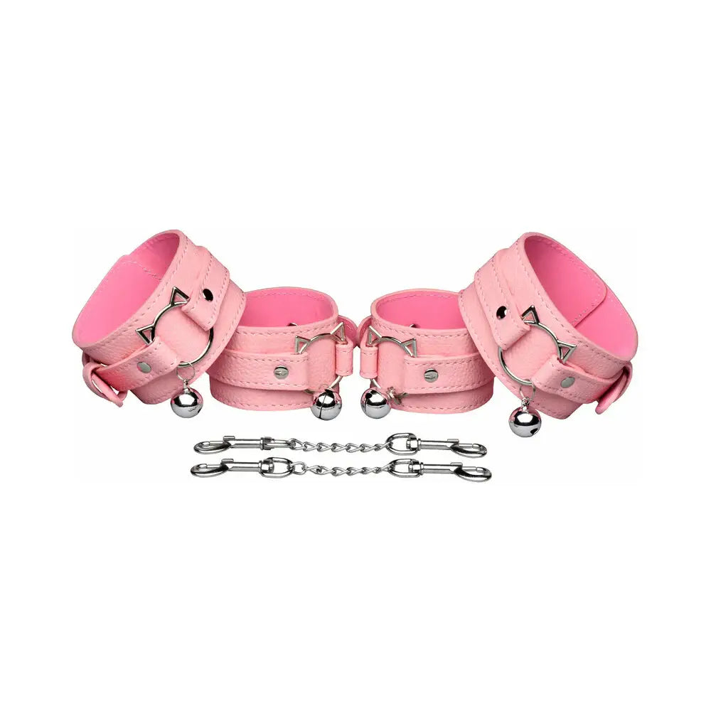 XR Brands® Kitty Bondage Set - Vegan Leather Restraints with Collar Cuffs & Paddle Pink
