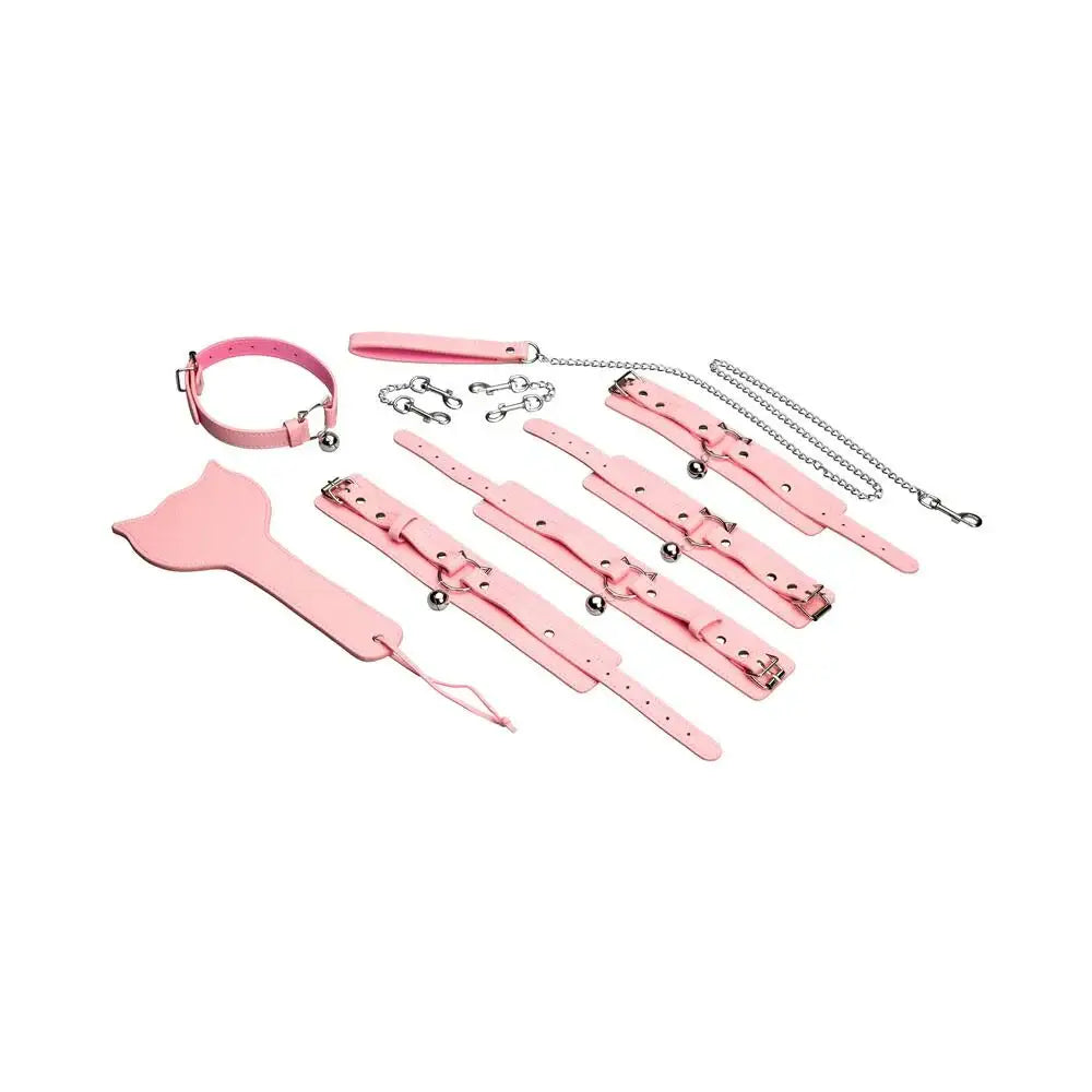 XR Brands® Kitty Bondage Set - Vegan Leather Restraints with Collar Cuffs & Paddle Pink