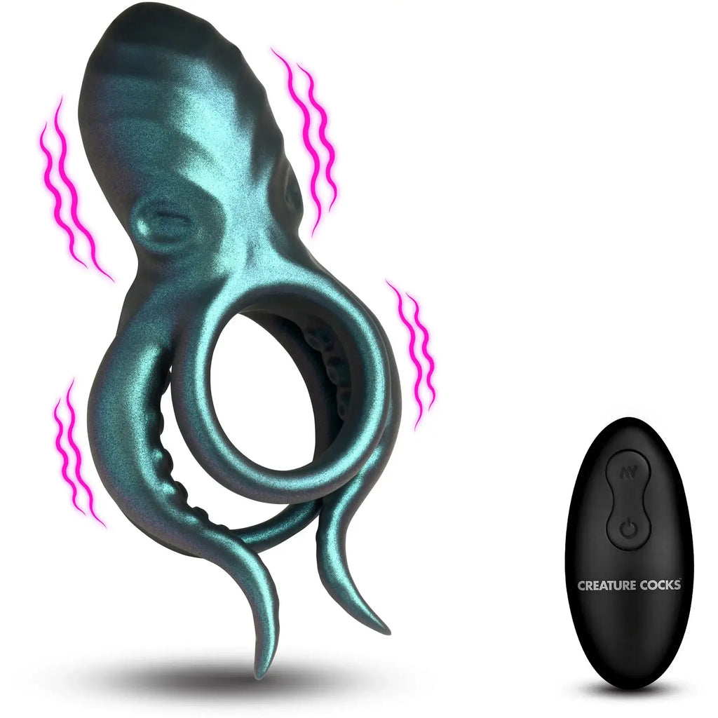 XR Brands® Octo-Grip Triple Motor Vibrating C-Ring with Remote Teal