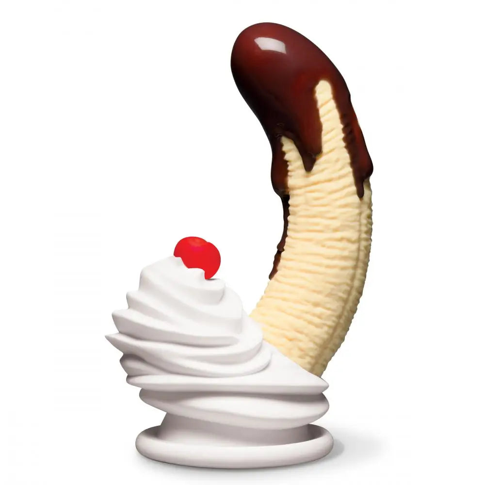 XR Brands® Simply Sweet Chocolate Dipped Banana Split Silicone Dildo – Suction Base G-Spot Curve Multicolor