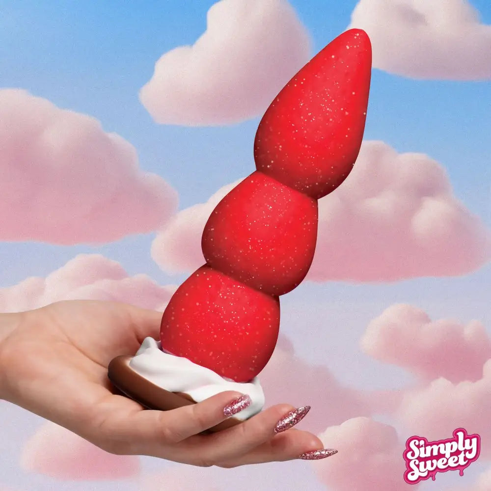 XR Brands® Simply Sweet Strawberry Cream Silicone Dildo – Suction Base Harness Compatible Red