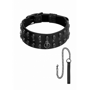 Ouch Skulls and Bones Studded Biker Collar With Leash by Shots - rolik