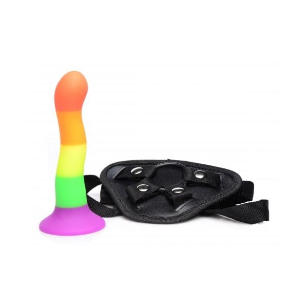XR Brands® Strap U® Proud Rainbow Vibrating Silicone Dildo with Harness - Rolik®
